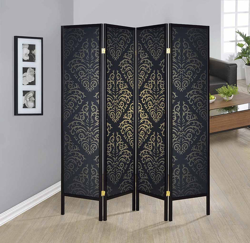 Haidera 4-panel Damask Pattern Folding Screen Black - My Sweet Home Furniture (Queens, NY)