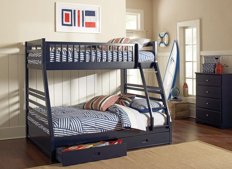 Ashton Twin Over Full 2-drawer Bunk Bed Cappuccino, White, Navy, Honey, & Brown - My Sweet Home Furniture (Queens, NY)