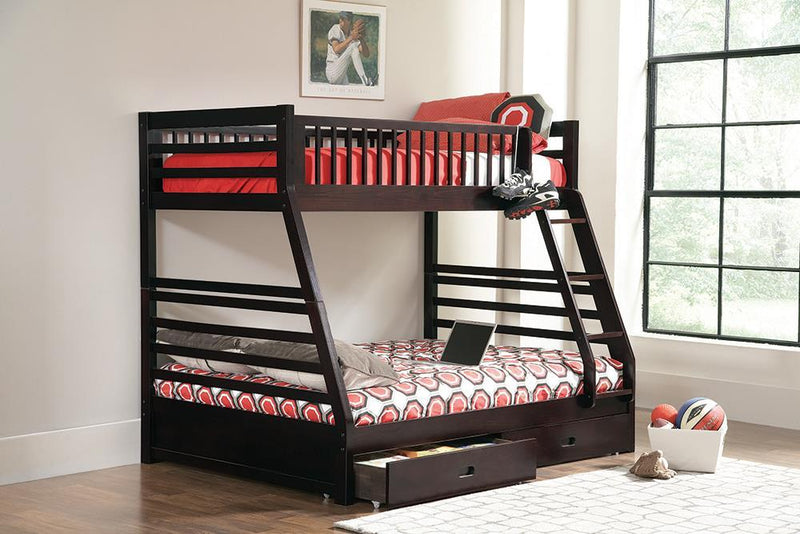 Ashton Twin Over Full 2-drawer Bunk Bed Cappuccino, White, Navy, Honey, & Brown - My Sweet Home Furniture (Queens, NY)