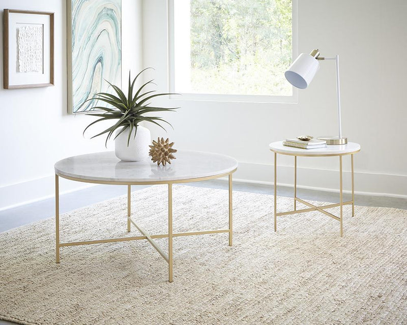 Ellison Round X-cross End Table White and Gold - My Sweet Home Furniture (Queens, NY)