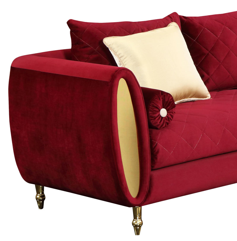 Ruby Modern Style Red Loveseat with Gold Finish