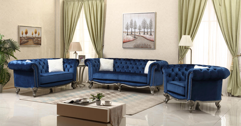 Mia Transitional Style Navy Loveseat with Silver Finish - My Sweet Home Furniture (Queens, NY)