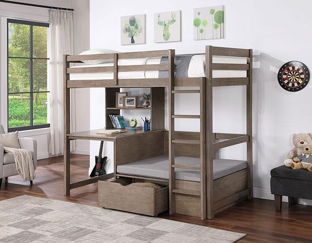 CALLISTUS Twin Workstation Loft Bed, White & Gray - My Sweet Home Furniture (Queens, NY)