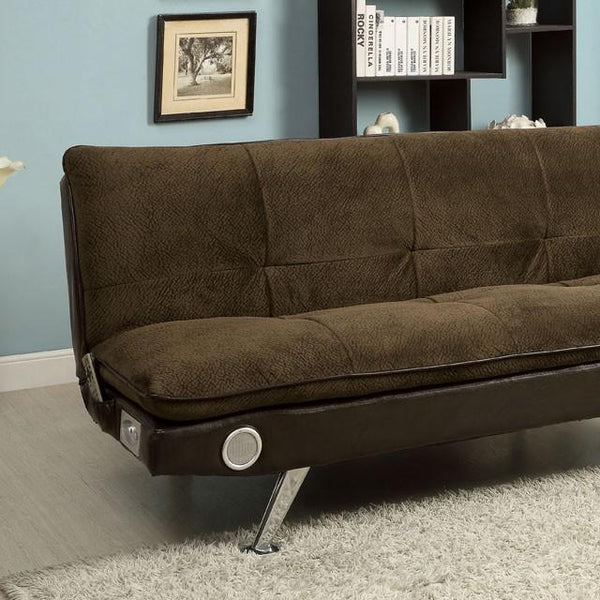 GALLAGHER Dark Brown/Chrome Futon Sofa w/ Bluetooth Speaker, Brown - My Sweet Home Furniture (Queens, NY)