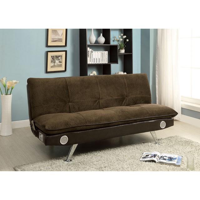 GALLAGHER Dark Brown/Chrome Futon Sofa w/ Bluetooth Speaker, Brown - My Sweet Home Furniture (Queens, NY)