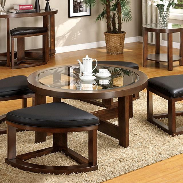 Crystal Cove II Dark Walnut Round Coffee Table w/ 4 Stools - My Sweet Home Furniture (Queens, NY)