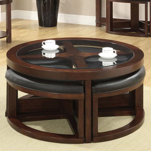 Crystal Cove II Dark Walnut Round Coffee Table w/ 4 Stools - My Sweet Home Furniture (Queens, NY)