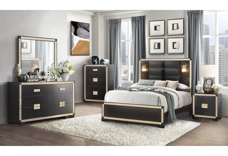BLAKE BLACK/GOLD QUEEN BED GROUP WITH LAMPS - My Sweet Home Furniture (Queens, NY)